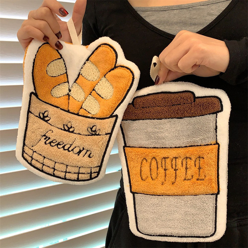 ผ้าเช็ดมือรูปกาแฟการ์ตูนดูดซับน้ํา ผ้าขนหนูมือสําหรับห้องครัวน่ารัก