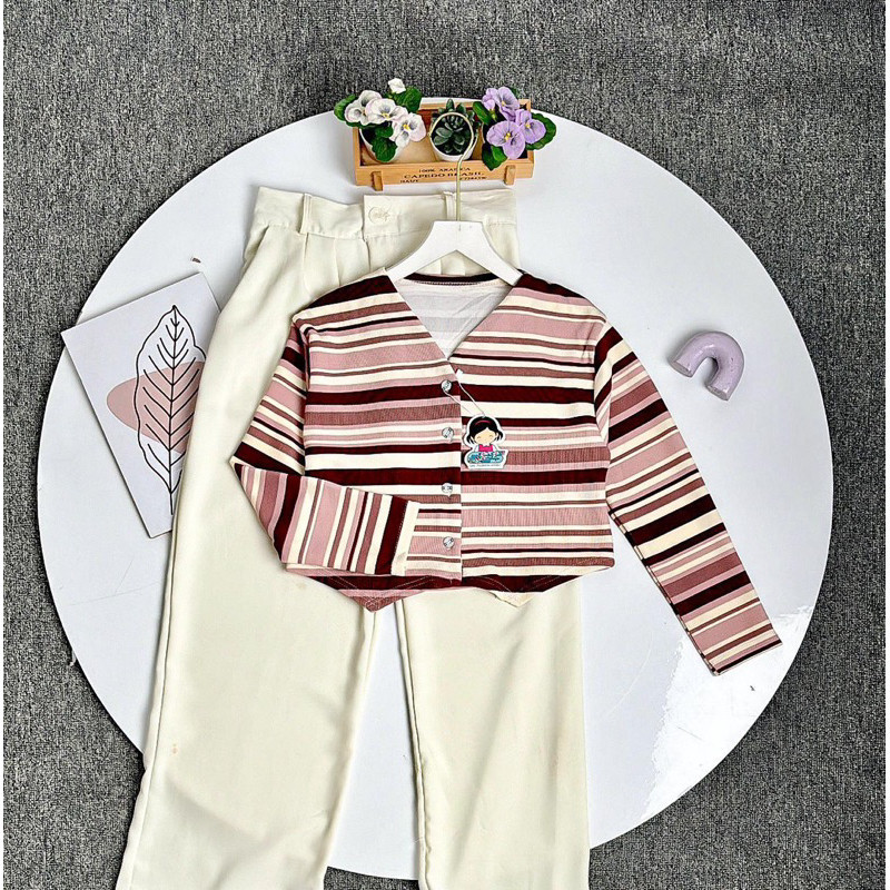 WILLSHA - ZFS ERNIDA STRIPED CROP CARDIGAN / STRITED CROP CARDIGAN / CUTE STRIPE CARDIGAN LONG SLEEV