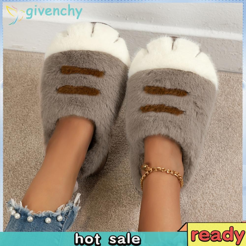 [givenchy1.th] 3d Cat Paw Plush รองเท้าแตะ Furry Paw คู่รองเท้าแตะกันลื่นสําหรับห้องนอนในร่ม