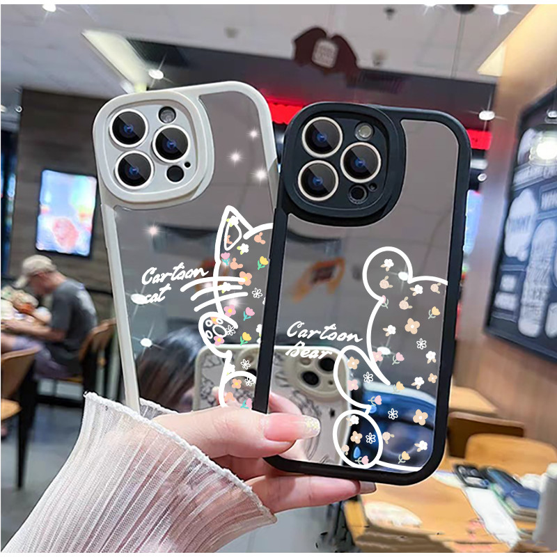 ปลอกสําหรับ Samsung Galaxy S24 S23 Ultra S22 Plus S23FE S20FE S21FE หรูหราแต่งหน้ากระจกน่ารักดอกไม้หมีกระต่ายแมวการ์ตูนนุ่มเคสโทรศัพท์
