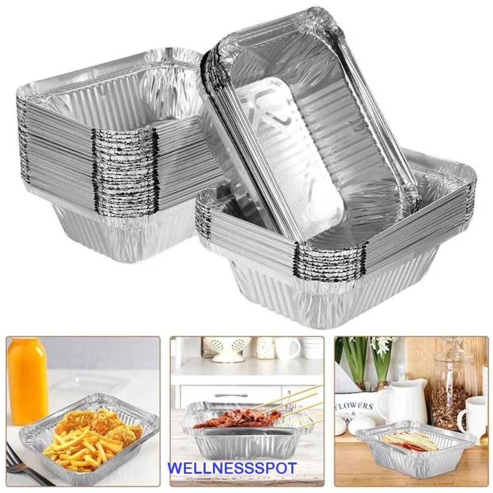 Wellnessspot 50 ชิ้นกระดาษฟอยล์อลูมิเนียม,สี่เหลี่ยมผืนผ้าทนต่ออุณหภูมิสูงเค้กเบเกอรี่ฟอยล์กล่อง,ไม่ติดแม้ความร้อน 230-700ML เตาอบแบบใช้แล้วทิ้งกระทะทําอาหาร Home