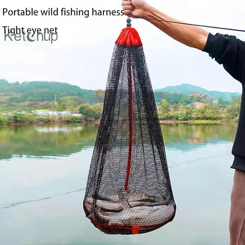 ซอสมะเขือเทศตกปลา Landing Net ตกปลาจับคอลเลกชันกระเป๋า Drawstring แบบพกพาพับหนาตารางขนาดเล็กถุงตาข่า