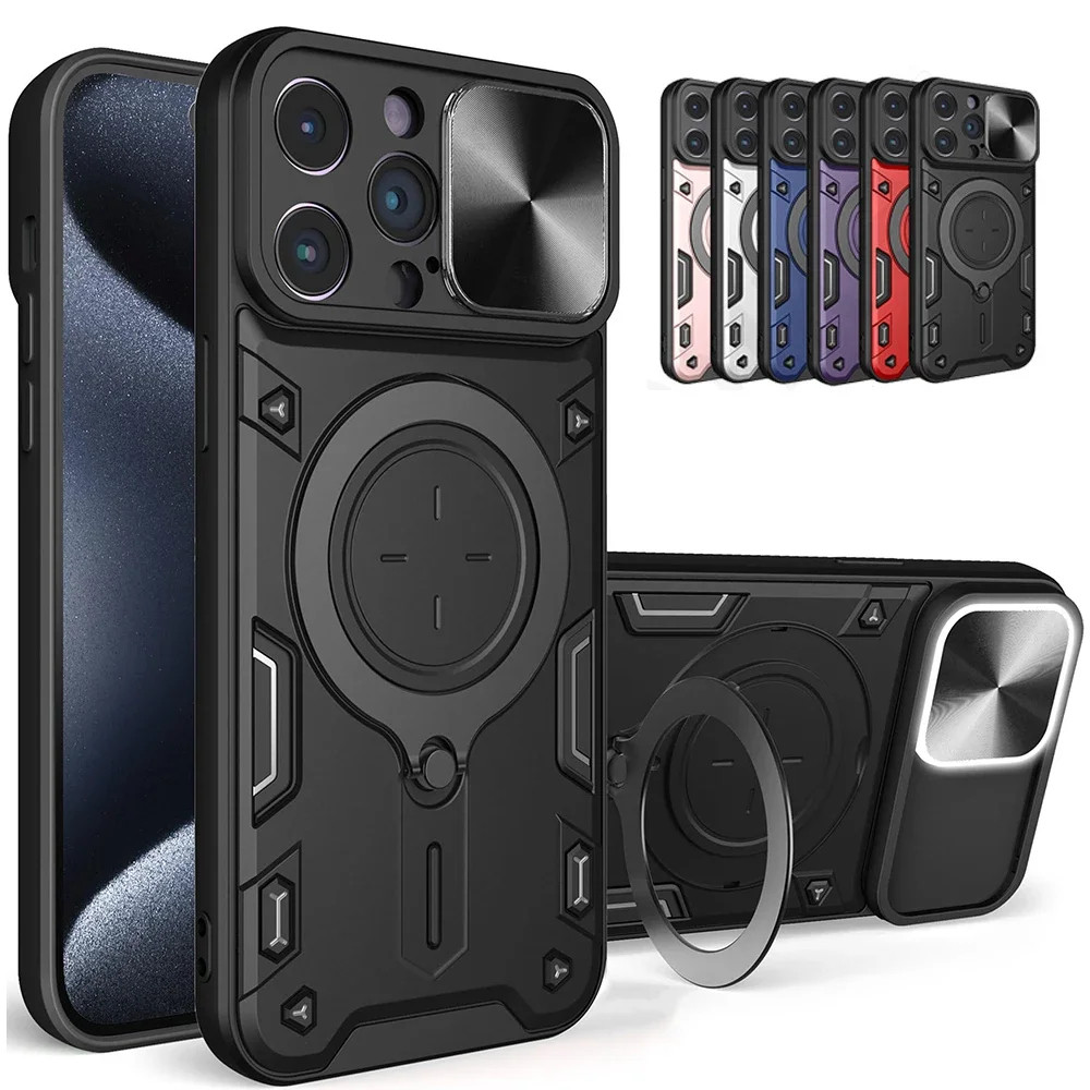 เคสโทรศัพท์สำหรับ iPhone 16 15 14 13 12 11 PRO MAX เคสป้องกันกล้องสไลด์แม่เหล็ก360มีขาตั้งแบบหมุนได้ เคสไอโฟนกันกระแทก