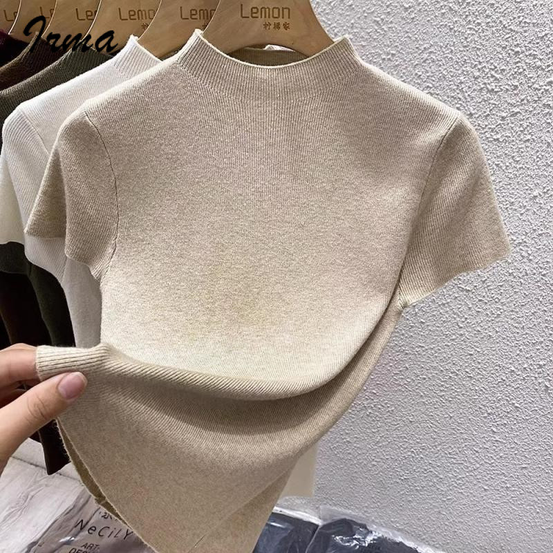 ผู้หญิงสไตล์ฝรั่งเศสบางพอดีแขนสั้นเสื้อยืดฤดูใบไม้ร่วงและฤดูหนาว bottoming ครึ่งคอเต่าถักด้านบน