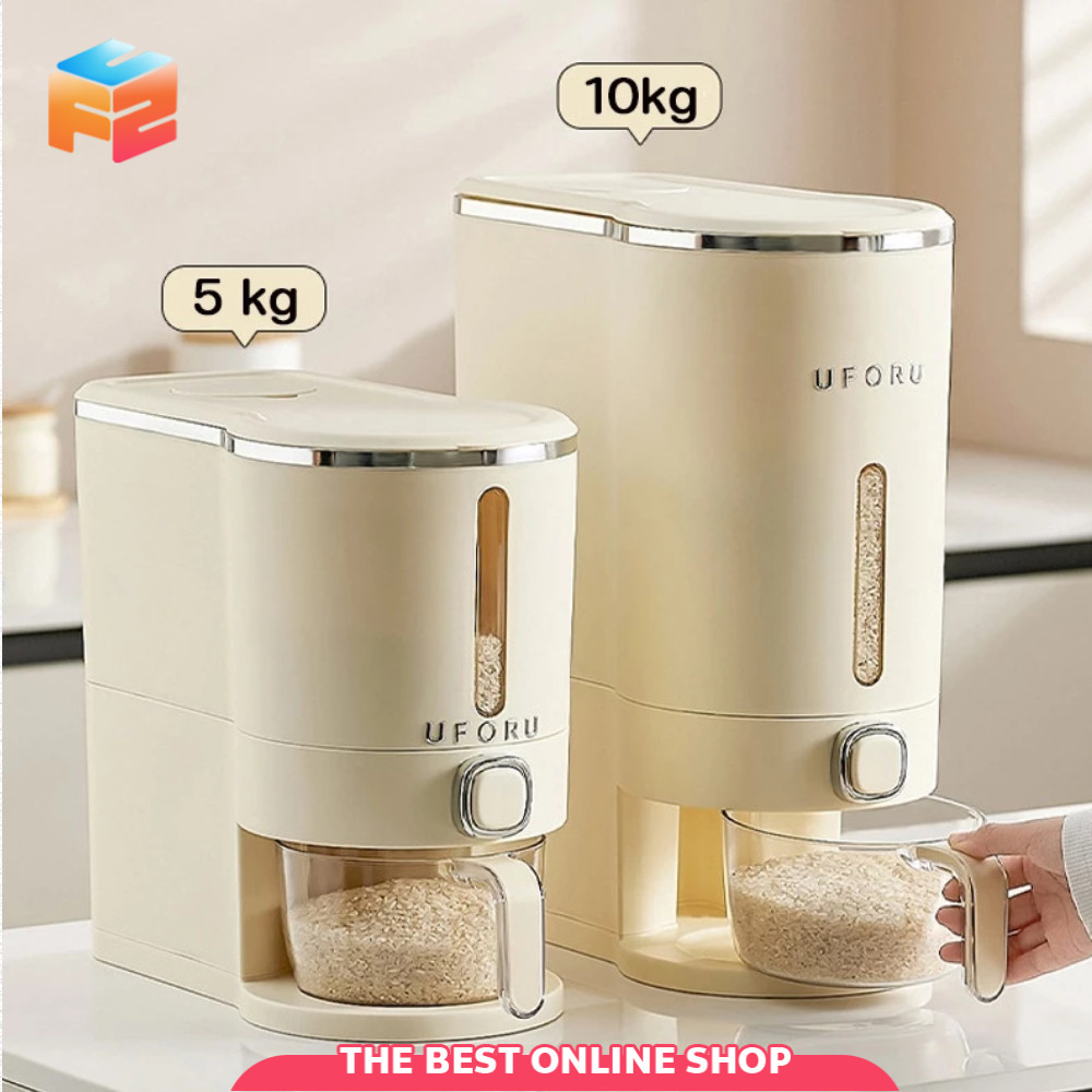 F2C กล่องเก็บข้าวสาร ป้องกันแมลง 5-10kg ป้องกันความชื้น กดใช้ง่าย กดปุ่ม ข้าวจะไหลออกมาเอง