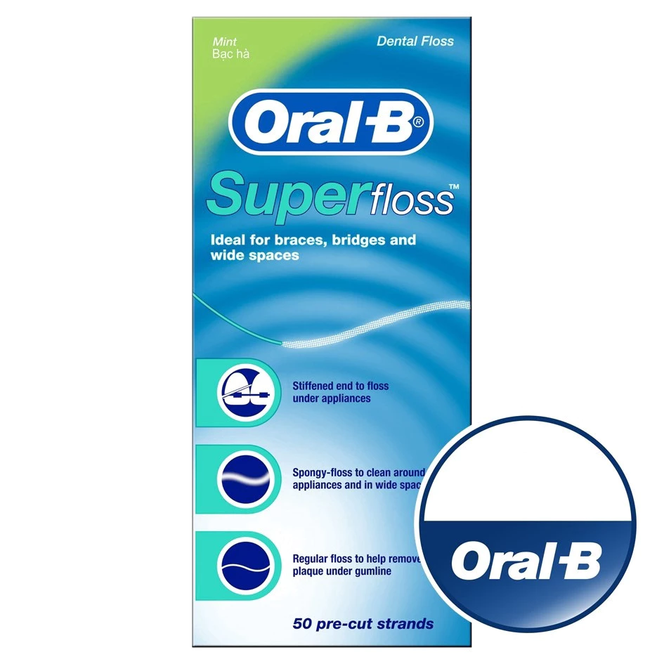 Oral-B Super floss 50 pre cut stands ออรัล-บี ไหมขัดฟัน ซูเปอร์ฟลอส 50 เส้น