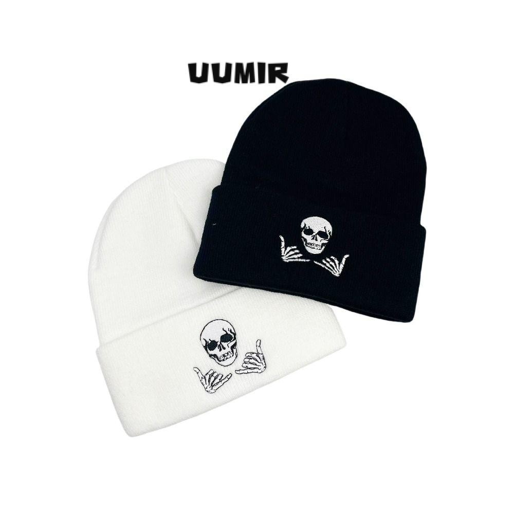 Uumir หมวกถักผู้ชาย, Hip Hop Elastic Cold Cap, Thicken ปัก Skull ถัก Skull Bonnet สกีกลางแจ้ง