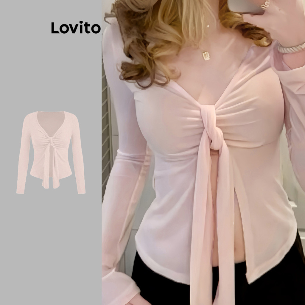 Lovito เสื้อยืดผูกเชือกเรียบหรูสำหรับผู้หญิง L108ED974