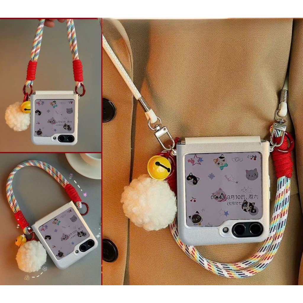 Simple Fresh สีทึบสีขาวพร้อม Hairball เชือกแบบพกพาสําหรับ Samsung Galaxy ZFlip6 ZFlip6 ZFlip5 Z Flip5 ฝาหลัง