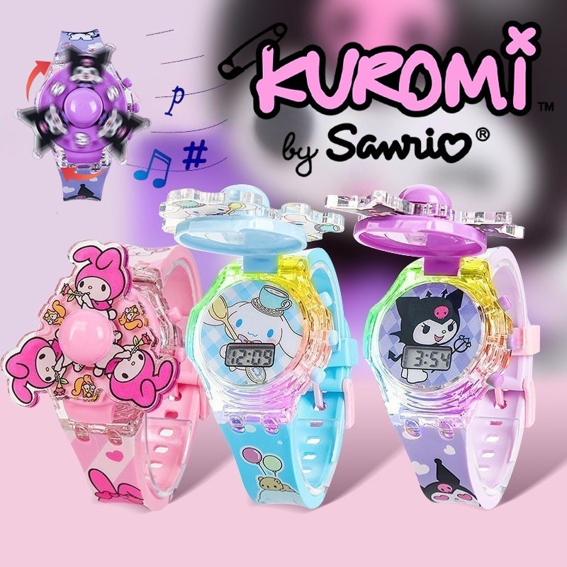2025 Sanrio My Melody Kuromi Cinnamoroll labu hello kitty spiderman Glow Spinning Music นาฬิกาพร้อมไฟสีสันสดใสสําหรับเด็กชายและเด็กหญิง เป็นของขวัญรับปริญญาสําหรับโรงเรียน