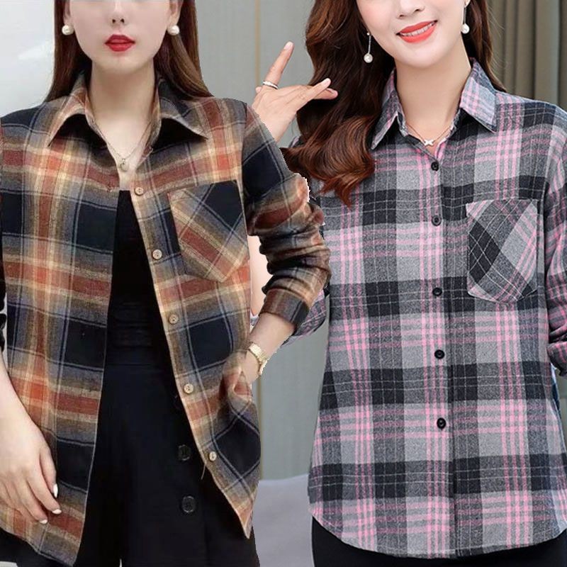 แม่เสื้อเชิ้ตแขนยาวบางหลวมขนาดใหญ่ฤดูใบไม้ผลิฤดูใบไม้ร่วงเสื้อลายสก๊อต - รูปที่ 6