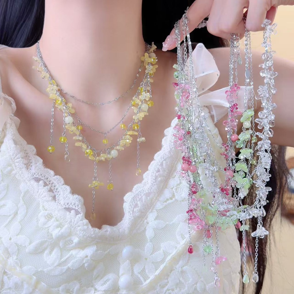 สร้อยคอพู่ลูกปัดดอกไม้คริสตัลหลายชั้น Dopamine