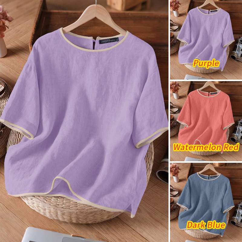 ZANZEA ใส่ ซานเซีย ผู้หญิงเกาหลีวินเทจลําลองแขนสั้นคอกลมเสื้อหลวม — صورة 3