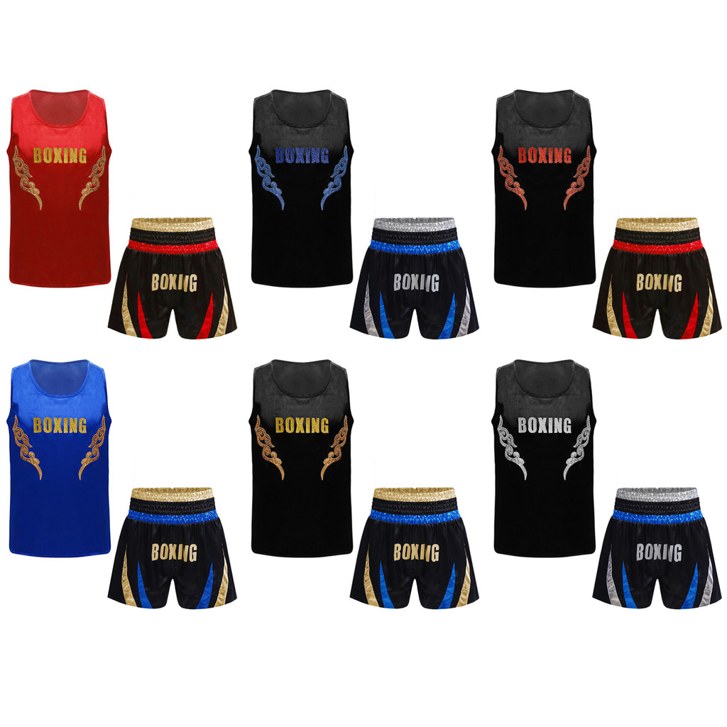 Oyolan Kids Boys Boxer Training Outfit 2 ชิ้น Boxing Training Gym Fitness ออกกําลังกายวิ่งออกกําลังก