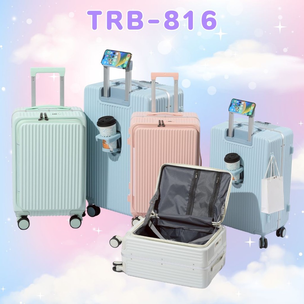 TRB-816 กระเป๋าเดินทางล้อลาก ขนาดใหญ่ สีพาสเทล มีช่องใส่แก้วน้ำ แข็งแรงทนทาน 20 24 28 นิ้ว สินค้าพร้อมส่ง