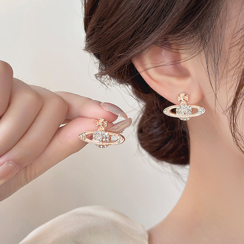 T Temperament Trend Diamond-studded Planet Design ต่างหูแฟชั่นหรูหรา All-match Niche Design สุดหรูสำหรับของขวัญ