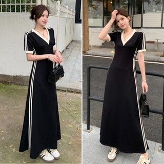 Beryl Strret Style Summer School Long Dress Sports Casual v-Neck Short-Sleeved Dress For Women