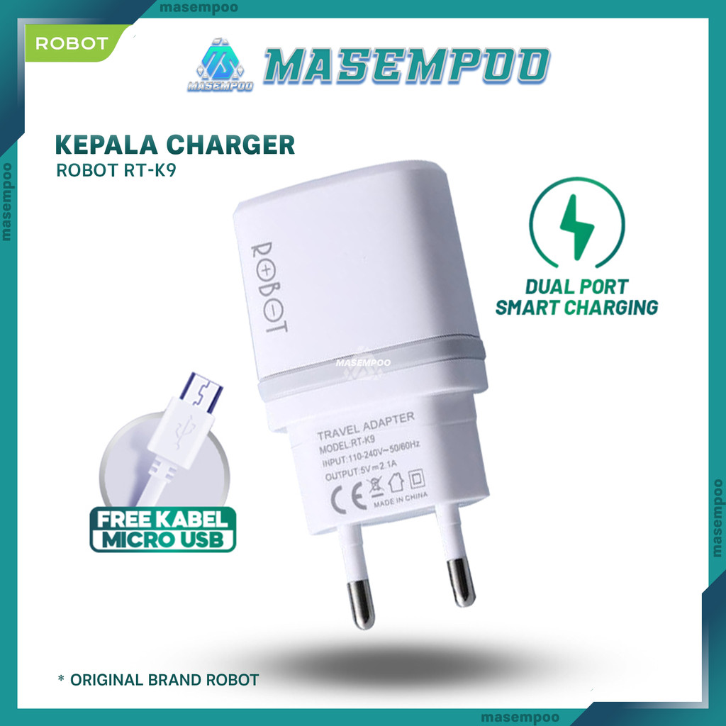 ROBOT RT K9 2.1A อะแดปเตอร์ชาร์จ Dual USB HP Charger Cover เหมาะสําหรับ iPhone และ Android