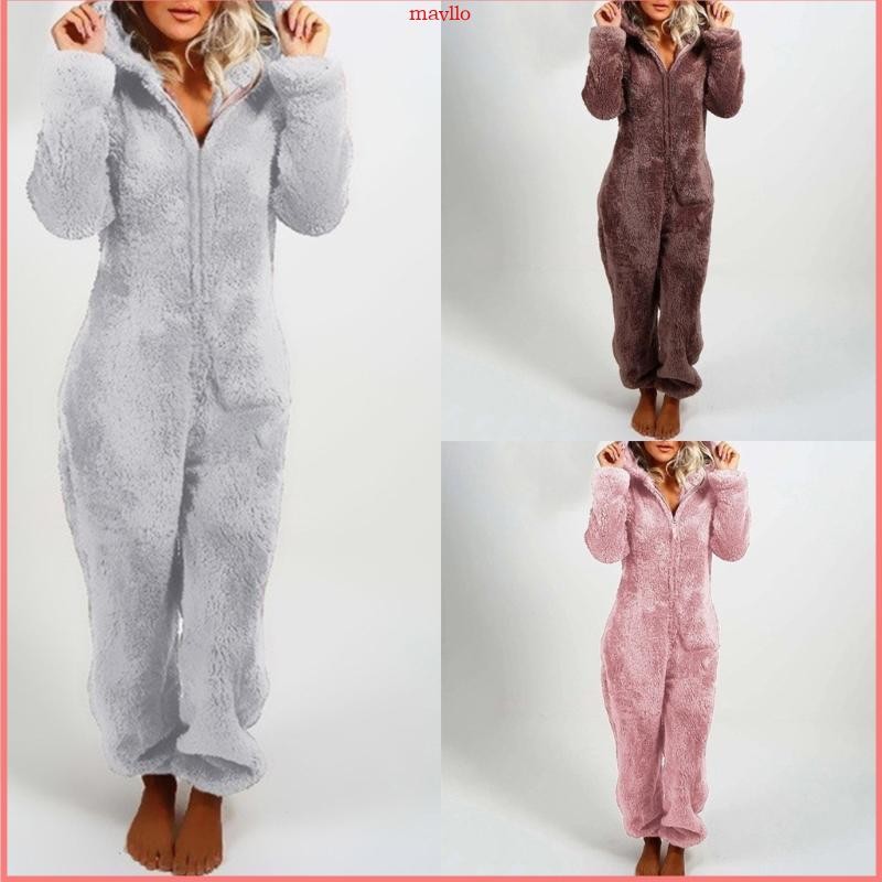 MAVLLO สตรี Onesise ชุดนอนน่ารัก Fuzzy Warm Sherpa ขนแกะ Hooded Romper สั้น Jumpsuit Playsuit