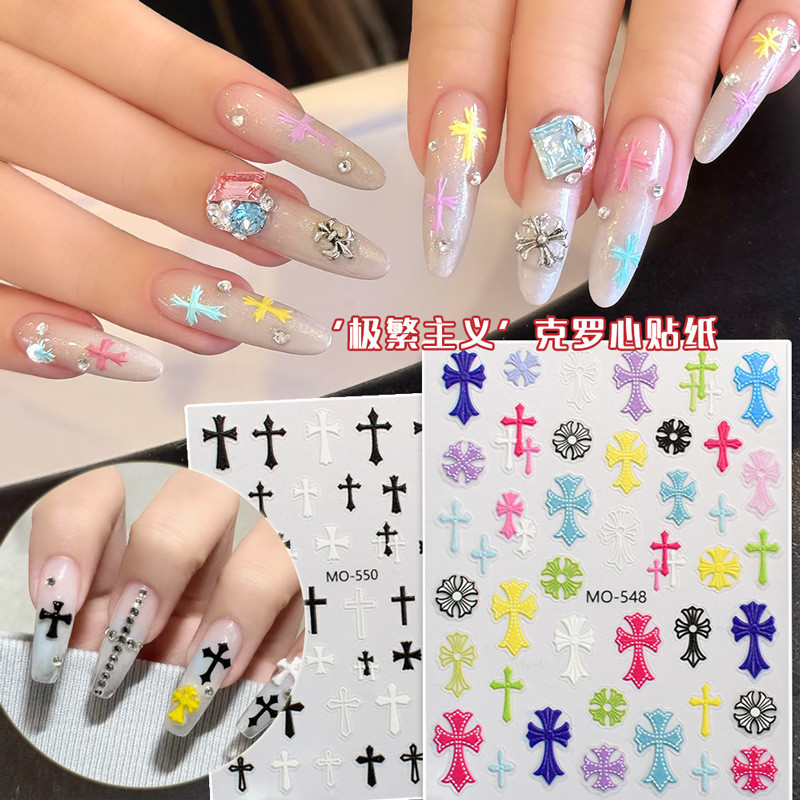 สี Crow Heart แต่งเล็บนูนสติกเกอร์สามมิติ Candy สี y2k หวาน Cool สไตล์สีดําสีขาว Cross diy เล็บสติกเกอร์