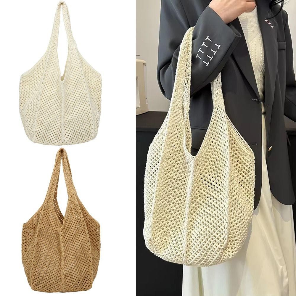 Isitaft โครเชต์ตาข่าย Tote, Hollow Out Soft ผู้หญิงถักไหล่กระเป๋า, Bohemian อเนกประสงค์สีทึบขนาดใหญ่ความจุกระเป๋าช้อปปิ้งเรียบง่ายชายหาด