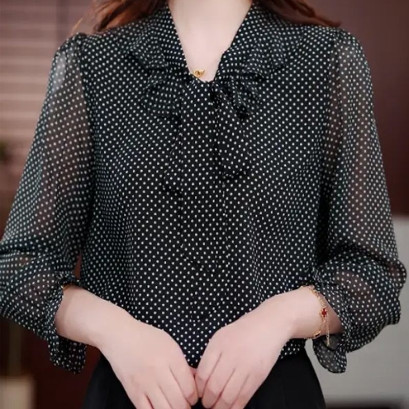 ฤดูร้อนสไตล์ใหม่ High-End Polka Dot สไตล์บางบางบางบางบางบางชีฟองโปร่งใส Lotus Leaf พัฟแขน Lace-Up เสื้อแขนยาวสุภาพสตรีวัยกลางคนเสื้อผ้าแม่ Tem