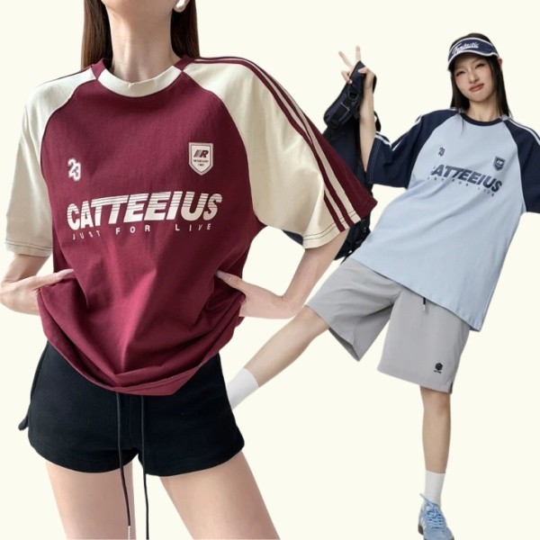 BECoolMan-แขนสั้นลายทางผู้ชาย  เสื้อยืดพิมพ์ลายตัวอักษร  แบบหลวม  สไตล์อเมริกันวินเทจ  แฟชั่น  รุ่นคู่รัก
