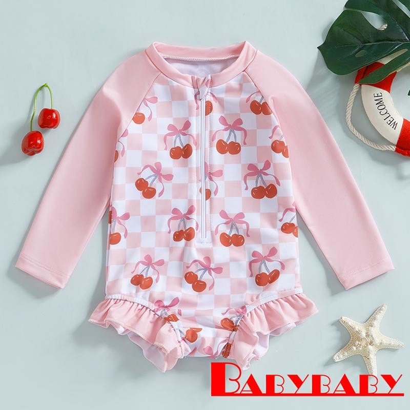 Bab-toddler Girls Rash Guard ชุดว่ายน้ํา Cherry Bow ลายสก๊อต Ruffles Trim