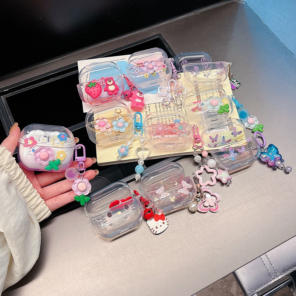 Samsung Live2/pro Tpu กรณีน่ารักการ์ตูน DIY hello Kitty ดอกไม้พร้อมโซ่ Samsung buds3 pro หูฟังไร้สายบลูทูธกรณีป้องกันกรณี