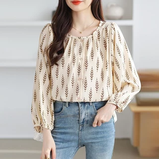 ในสต็อก Graceful Womens Long Puff Sleeve Round Neck Chiffon Top Loose Fit Ideal for Work หรือ Casual Wear