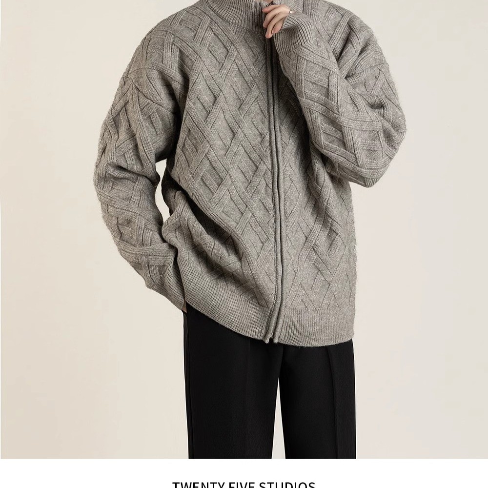 EERSHENSHI เสื้อกันหนาวผู้ชายซิปคาร์ดิแกน Baggy Coat อินเทรนด์ All-Match สีทึบ Twist ถัก - รูปที่ 5