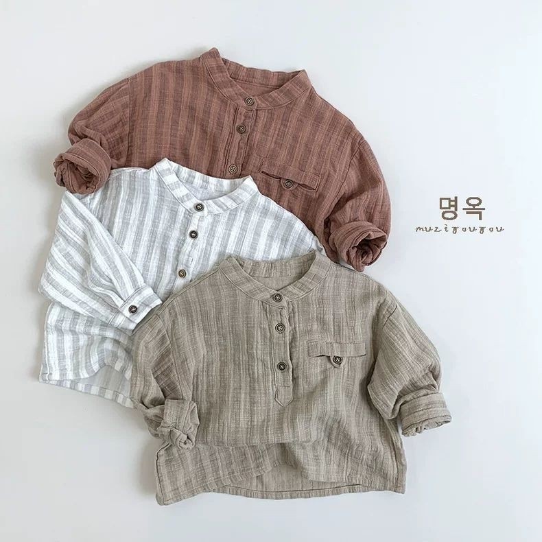 ญี่ปุ่น Simple ~ เด็กแนวตั้งลายเสื้อชายหญิงเกาหลีรุ่น All-Match ขนาดเล็กขนาดกลางเด็ก T-