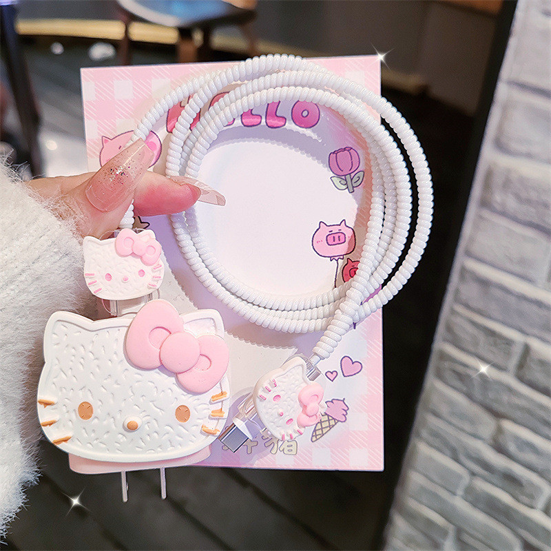 โทรศัพท์มือถือ Apple การ์ตูนน่ารัก Hello Kitty สายชาร์จ Reel เคสป้องกันสายเคเบิลข้อมูลเหมาะสําหรับ iPhone13/12 Fast สายชาร์จกรณี 20w14 หัวชาร์จ ipad