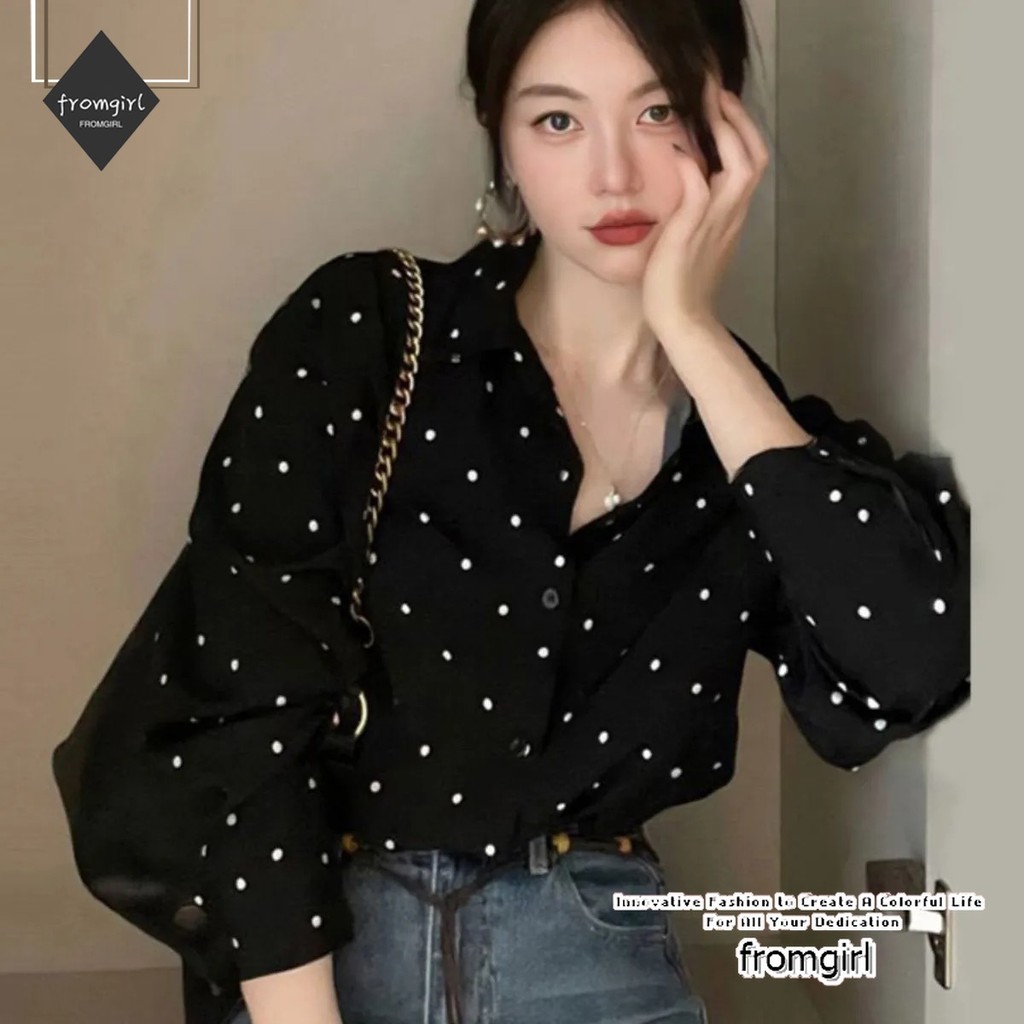 เสื้อเชิ้ตแขนยาวลายจุดเก๋ไก๋ฝรั่งเศสอารมณ์เสื้อเชิ้ตบางหลวม