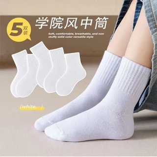 ถุงเท้าสีขาวสําหรับเด็ก 5 คู่ พื้นรองเท้าชั้นกลาง สไตล์ฤดูใบไม้ผลิและฤดูใบไม้ร่วงแบบบางถุงเท้ากีฬาชั้นประถมศึกษาขนาดกลางและขนาดใหญ่ถุงผ้าฝ้
