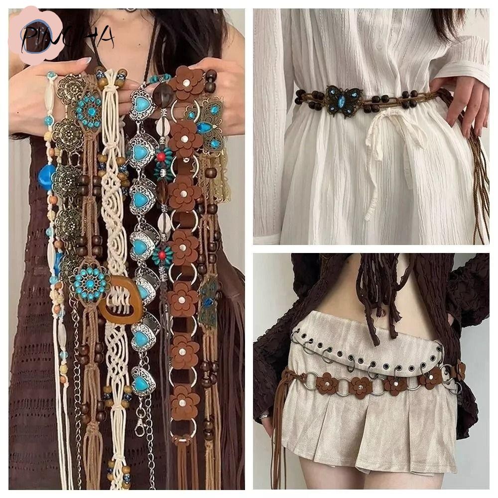 Pincha โซ่เอว, เข็มขัดโบฮีเมียนอินเทรนด์วินเทจ, พู่ผีเสื้อ Y2K ตกแต่งชุดดอกไม้เข็มขัดโบฮีเมียน