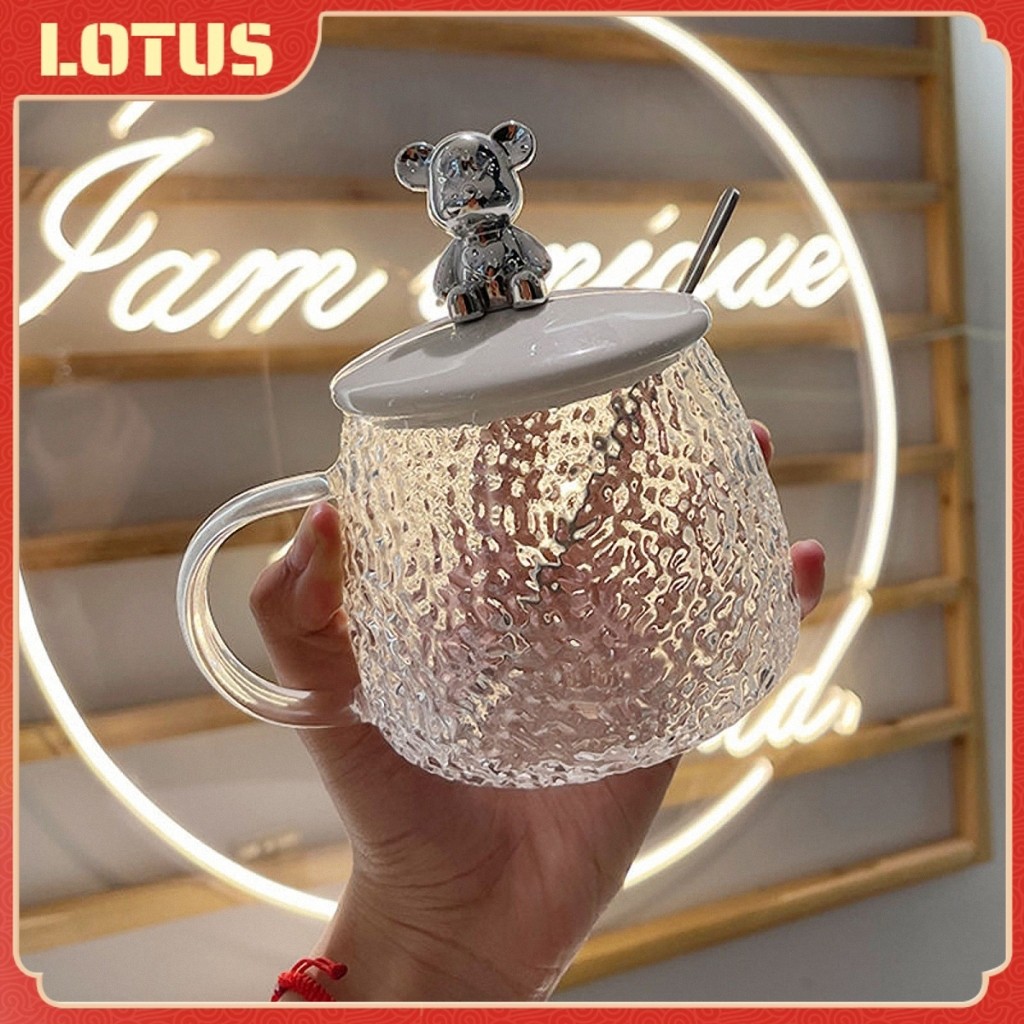 YTL🥛แก้วใสฝาปิดหมี 🧸แก้วใส่กาแฟ ชา นม รูปหมี พร้อมฝาปิดพลาสติก ช้อนคนแก้วใส แก้วกาแฟ มีฝาปิดรูปหมี แก้ว