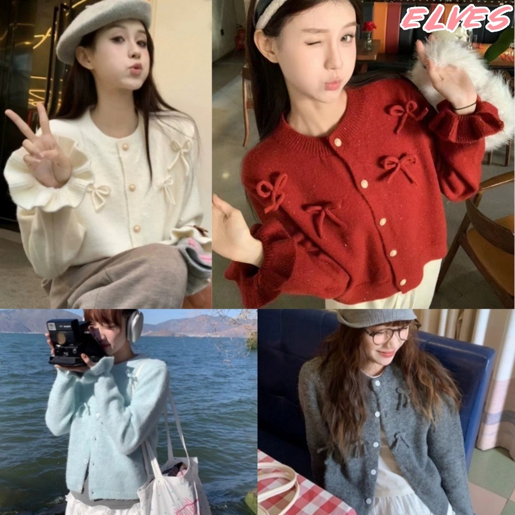 Elves พร้อม เสื้อไหมพรมแขนยาว คอกบมน่ารักคิคุ กันหนาวสีพาสเทล "Z046"