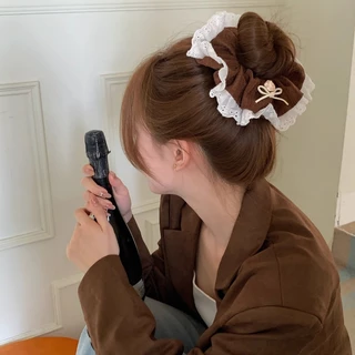 แฟชั่นสีกากี Bowknot ลูกไม้ผมหางม้าผมแหวนหัวเชือกผูกผม Scrunchies Headwear