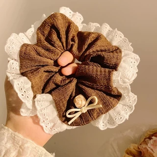 แฟชั่นสีกากี Bowknot ลูกไม้ผมหางม้าผมแหวนหัวเชือกผูกผม Scrunchies Headwear