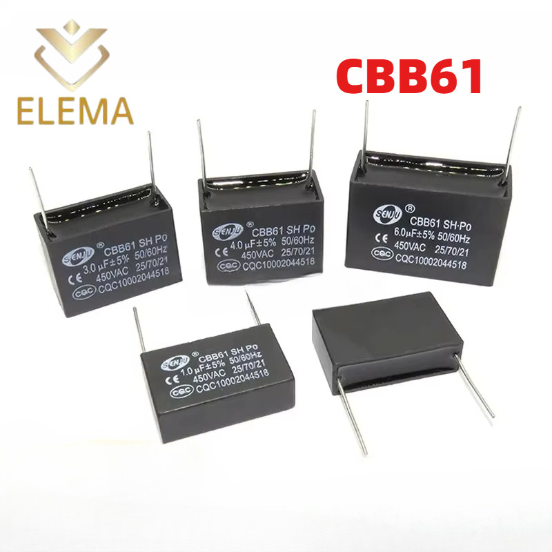 Cbb61 เครื่องปรับอากาศพัดลมเริ่มต้นตัวเก็บประจุ 450V 1UF/1.5UF/2UF/3UF/4UF/5UF/6UF/10UF/12UF พร้อมพินสตาร์ทตัวเก็บประจุ
