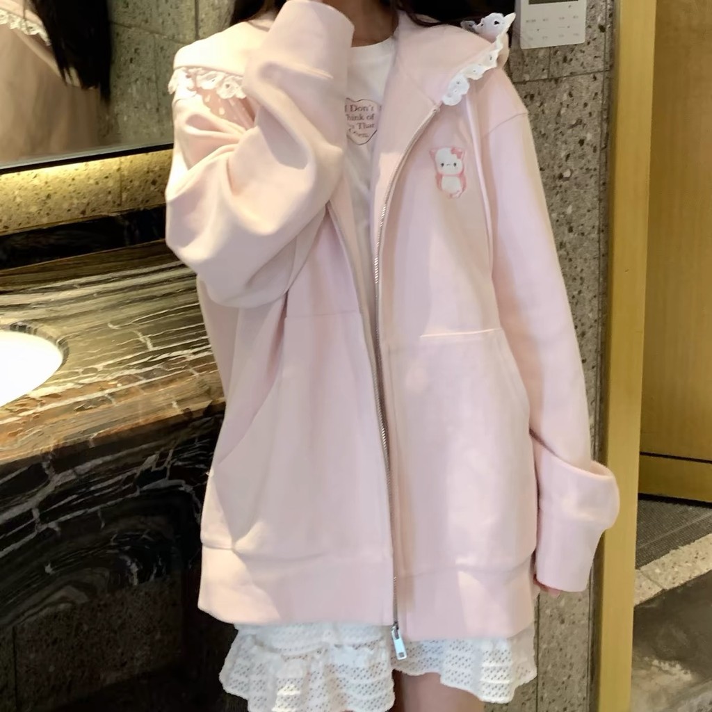 ขายร้อน! F & x เสื้อน่ารักเสื้อสเวตเตอร์ลูกไม้ปักลายแมวน่ารักฤดูใบไม้ร่วงและฤดูหนาวสไตล์ญี่ปุ่นหลวมมีฮู้ดซิป Y2K