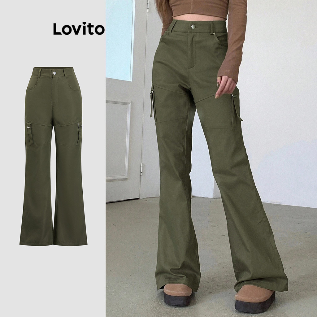 Lovito กางเกงขายาวทรงลำลองผ่าหน้ามีซิปสำหรับผู้หญิง L112ED226