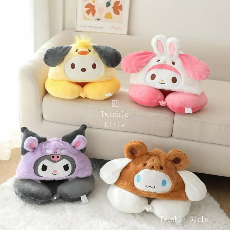 Kuromi Cinnamoroll น่ารักมีฮู้ดหมอนรูปตัวยูหมอนนอนกลางวันหมอนรองคอสำหรับเดินทางหมอนนอนหัวเครื่องบิน Hello Kitty Melody pochacco หมอนรองคอสำหรับนักเรียนแลกเปลี่ยนของขวัญ