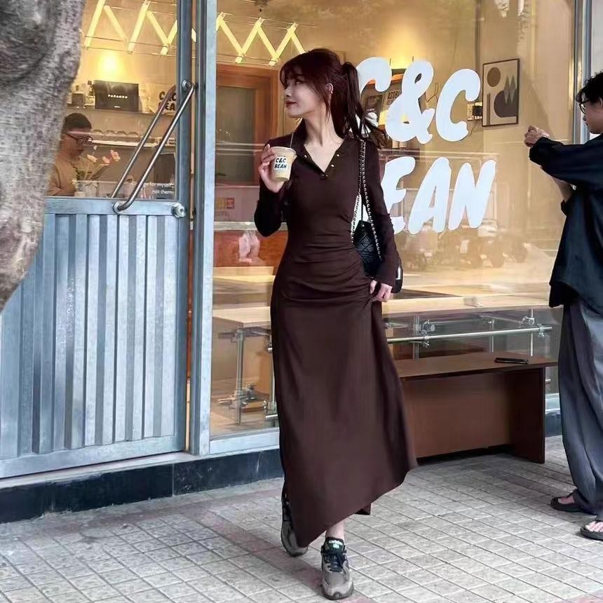 เดรสงานพรอม แขนยาว รัดรูป เกาหลี ชุดเดรสยาว ทํางาน เดรสสาวอวบ prom brown after party dress