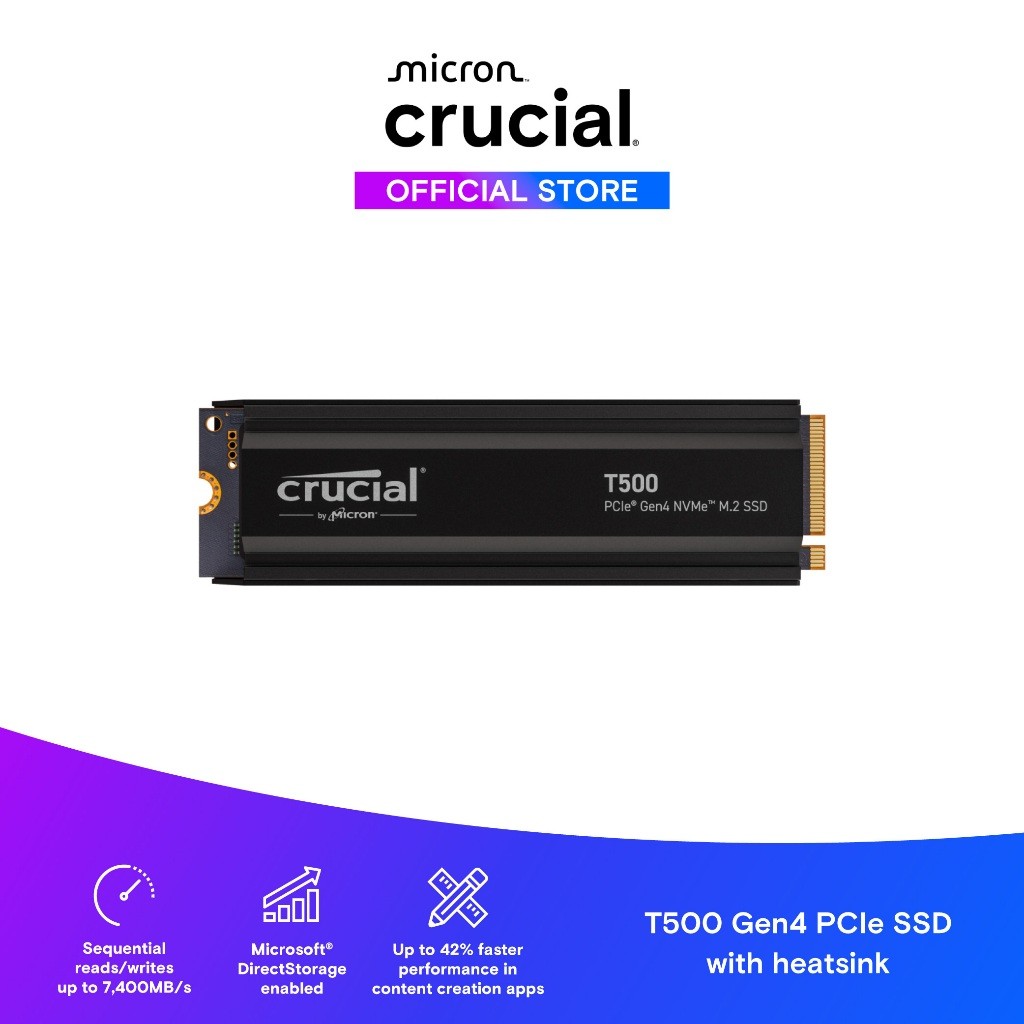 Crucial T500 1TB PCIe Gen4 NVMe M.2 SSD with heatsink
