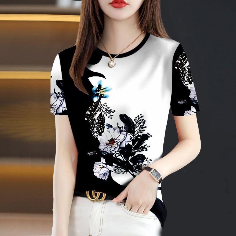 เสื้อยืดผู้หญิง 2025 ฤดูร้อนอารมณ์ใหม่ การทําตัวให้ผอม พิมพ์แฟชั่นหลวมสบายๆ การเย็บปะติดปะต่อกัน สูงสุด