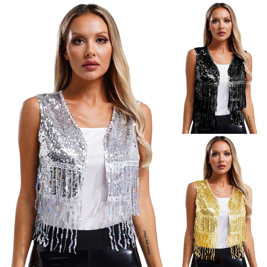Yeahdor สตรีเลื่อมเงา Cowgirl เสื้อกั๊กด้านบนเปิดด้านหน้าแขนกุด Sequined พู่เสื้อกั๊ก Vintage 70s Disco เครื่องแต่งกาย