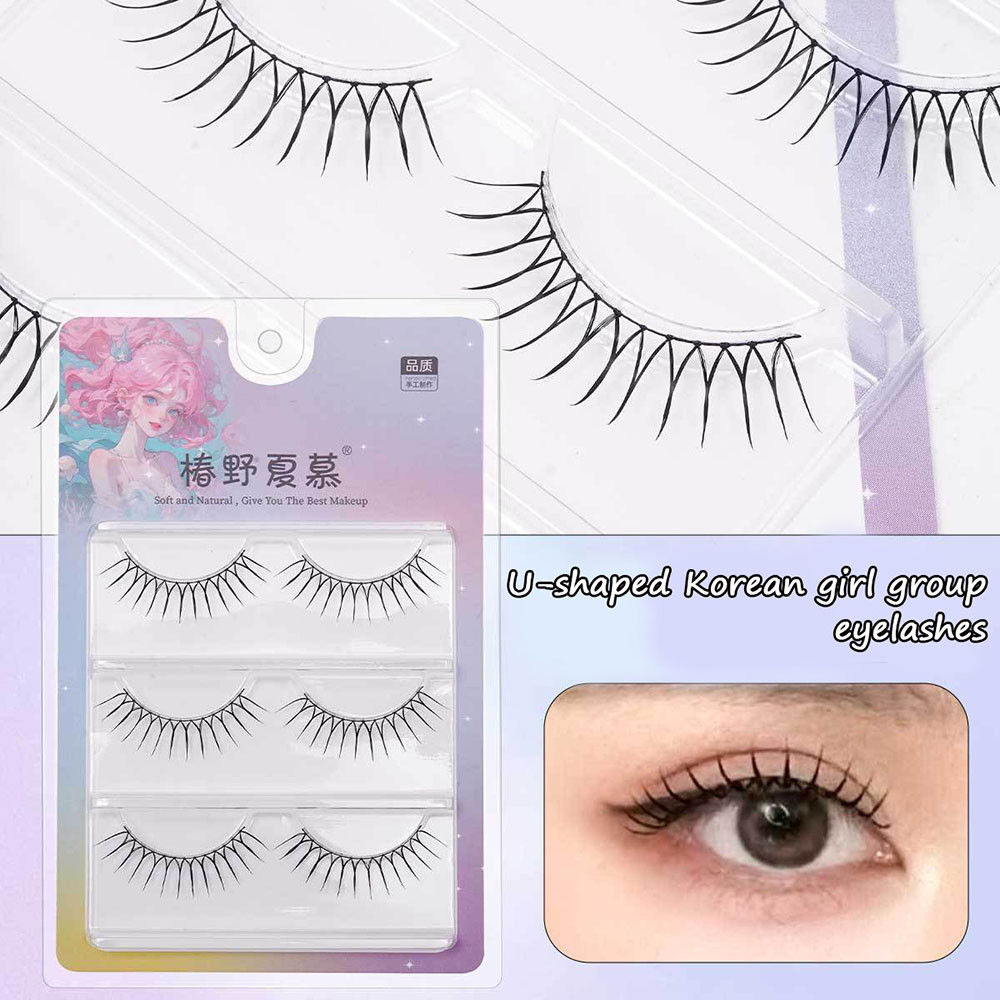 👸🏼3 คู่ขนตาปลอม Cross UV Shaped Clear Stem ธรรมชาติ Wispy สไตล์เกาหลี Lash Extension
