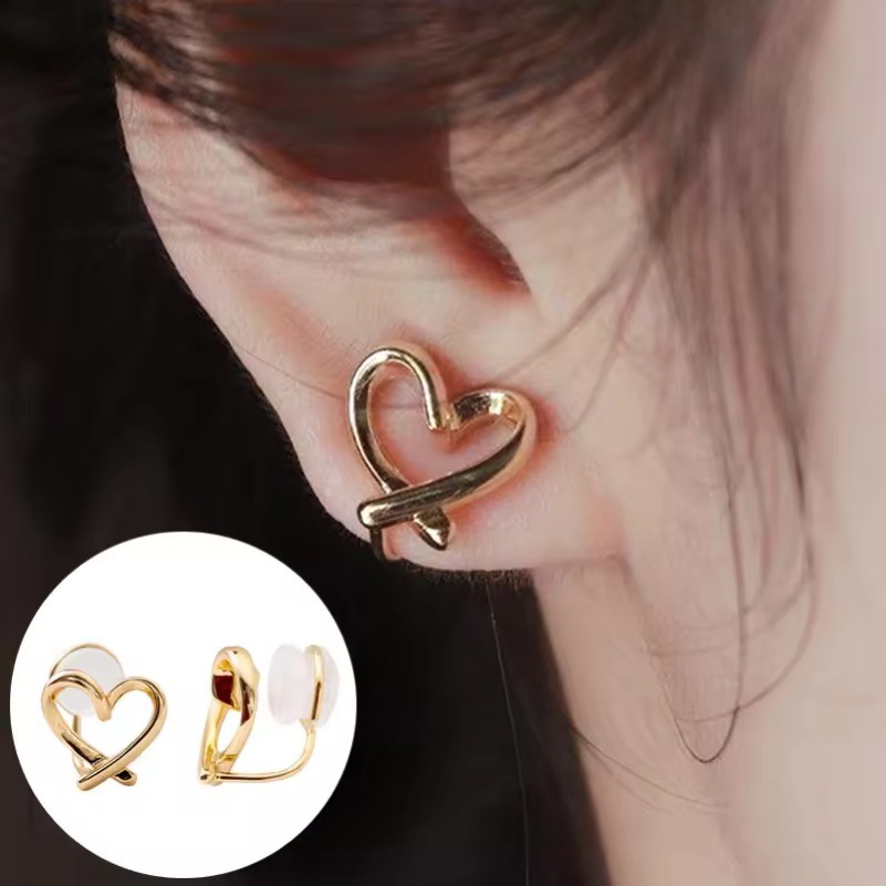 เกาหลี Hollow Heart คลิปต่างหูคลิปหูสําหรับผู้หญิงสาว No-Piercing ซิลิโคนต่างหูแฟชั่นไม่สม่ําเสมอของขวัญเครื่องประดับ